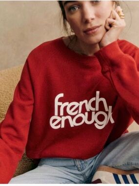 Sezane French Enough Graphic Cotton Sweatshirt Size Medium Red